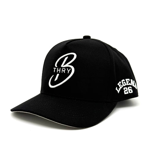 Black THRY hat with white embroidered logo